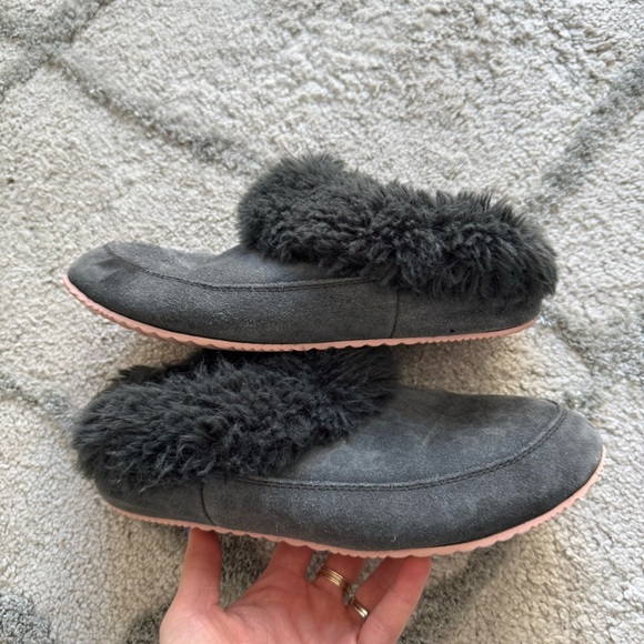 SOREL slippers GO COFFEE RUN gray leather faux fur slip on slides shoes 8 - Picture 4 of 12